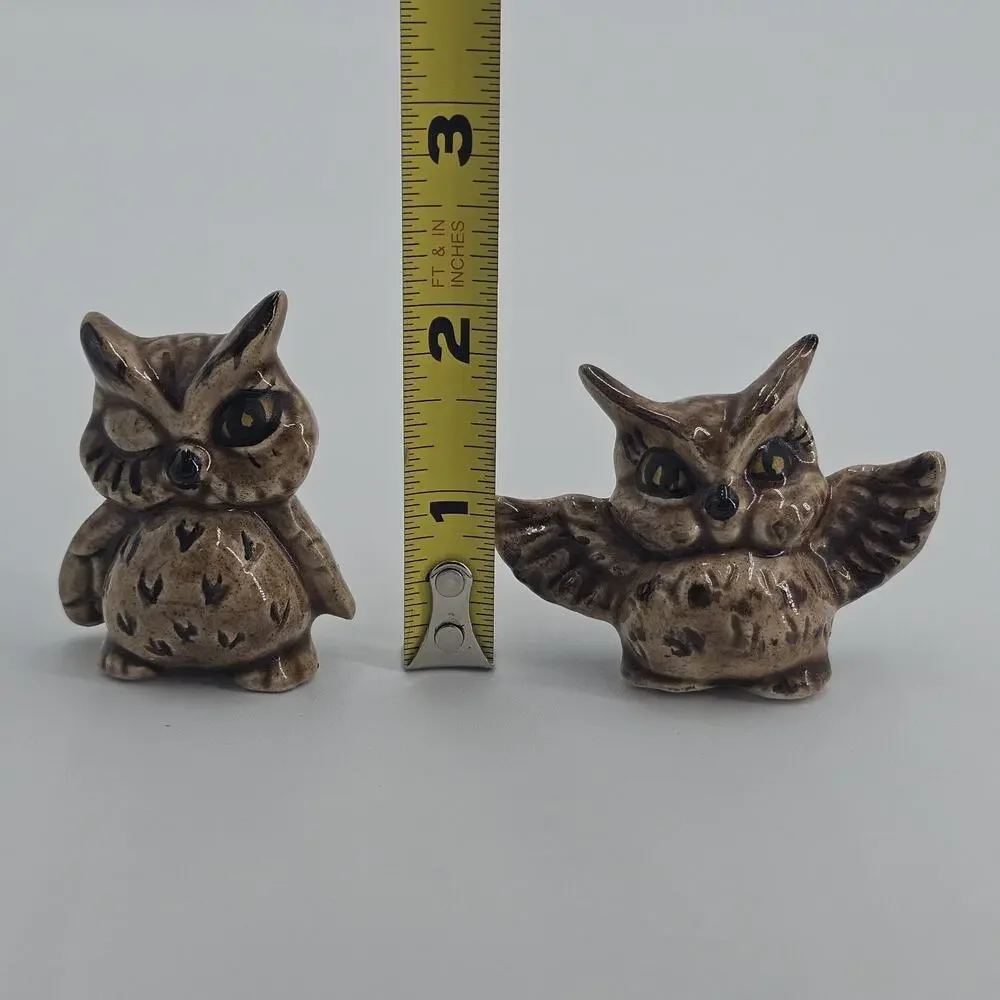 Vintage Ceramic Owl Figurines Miniature Set Collectibles Handpainted MCM 1970s